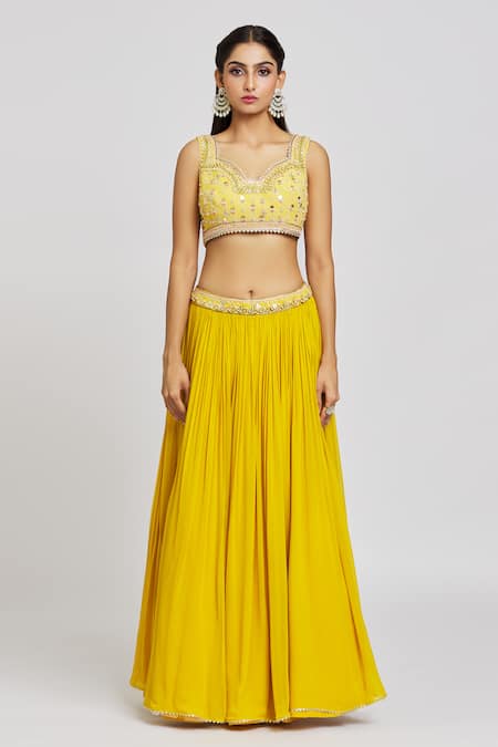 Buy Jiya by Veer Design Studio Yellow Georgette Sequins, Beads Bandhani Pattern Embellished Jacket Lehenga Set Buy_Jiya by Veer Design Studio_Yellow Georgette Sequins, Beads Bandhani Pattern Embellished Jacket Lehenga Set