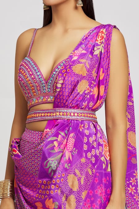 Shop_Jiya by Veer Design Studio_Purple Silk, Crepe Mirrors, Gardenia Print Sharara Pant Saree With Work Blouse _Online_at_Aza_Fashions