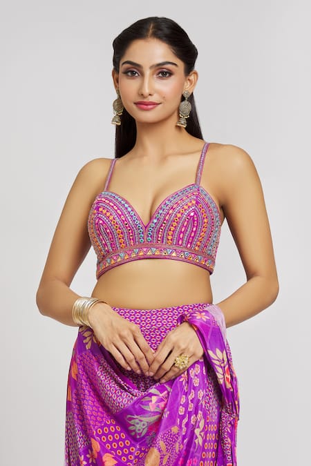 Jiya by Veer Design Studio_Purple Silk, Crepe Mirrors, Gardenia Print Sharara Pant Saree With Work Blouse _at_Aza_Fashions