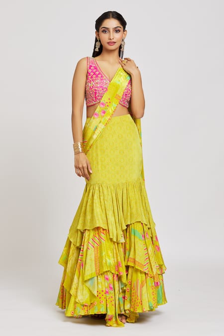 Jiya by Veer Design Studio_Pink Silk, Crepe Lotus Gardenia Print Sharara Pant Saree With Embroidered Blouse _Online_at_Aza_Fashions