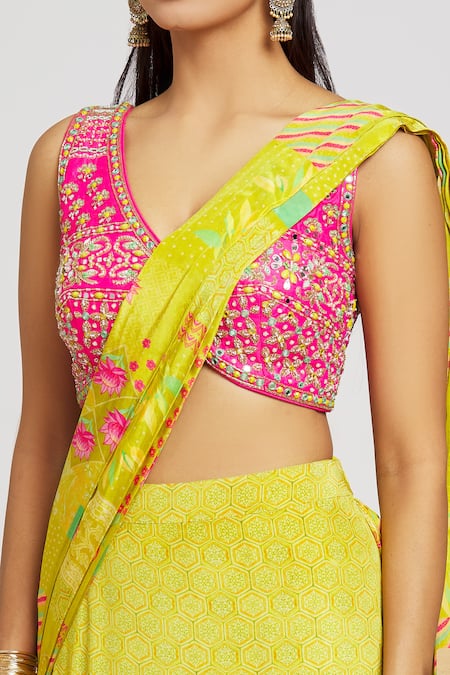 Buy_Jiya by Veer Design Studio_Pink Silk, Crepe Lotus Gardenia Print Sharara Pant Saree With Embroidered Blouse _Online_at_Aza_Fashions