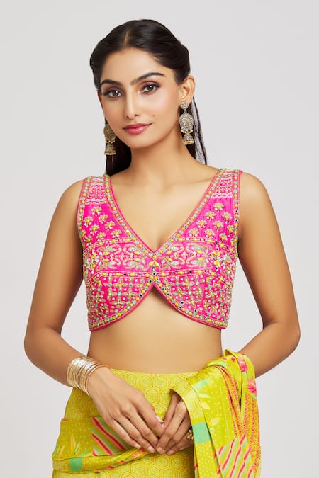 Shop_Jiya by Veer Design Studio_Pink Silk, Crepe Lotus Gardenia Print Sharara Pant Saree With Embroidered Blouse _Online_at_Aza_Fashions