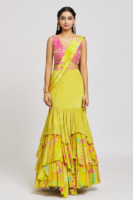 Jiya by Veer Design Studio_Pink Silk, Crepe Lotus Gardenia Print Sharara Pant Saree With Embroidered Blouse _at_Aza_Fashions