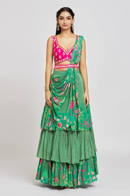 Buy_Jiya By Veer Design Studio_Pink Silk, Crepe Sequins, Poppy Bloom Print Layered Lehenga Saree With Blouse _Online_at_Aza_Fashions