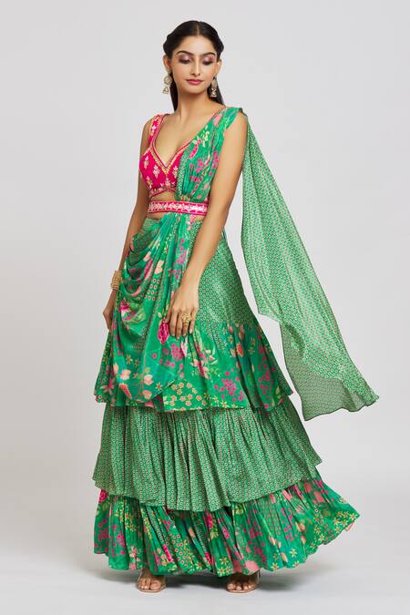 Shop_Jiya By Veer Design Studio_Pink Silk, Crepe Sequins, Poppy Bloom Print Layered Lehenga Saree With Blouse _Online_at_Aza_Fashions