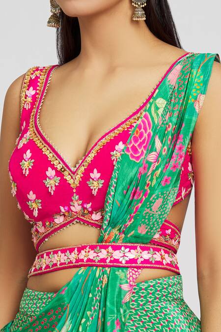 Jiya By Veer Design Studio_Pink Silk, Crepe Sequins, Poppy Bloom Print Layered Lehenga Saree With Blouse _at_Aza_Fashions