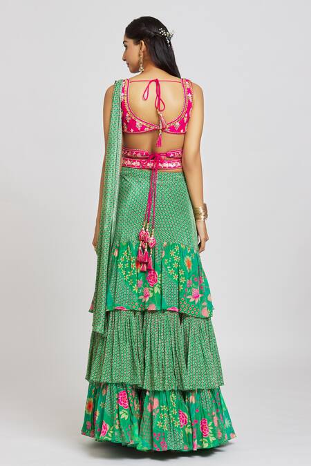 Jiya By Veer Design Studio Poppy Bloom Print Layered Lehenga Saree With Embroidered Blouse 