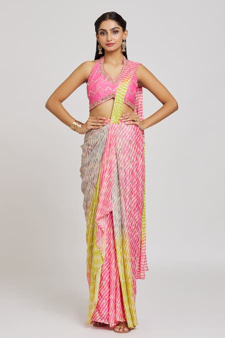 Jiya By Veer Design Studio_Pink Silk, Crepe Sequins, Beads Leheriya Print Pre-draped Saree With Blouse _Online_at_Aza_Fashions