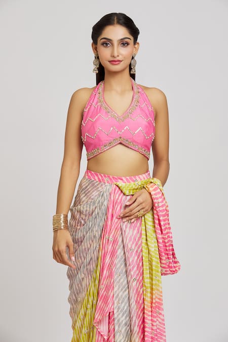 Shop_Jiya By Veer Design Studio_Pink Silk, Crepe Sequins, Beads Leheriya Print Pre-draped Saree With Blouse _Online_at_Aza_Fashions