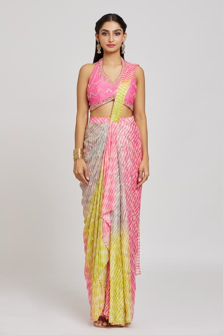 Jiya By Veer Design Studio_Pink Silk, Crepe Sequins, Beads Leheriya Print Pre-draped Saree With Blouse _at_Aza_Fashions