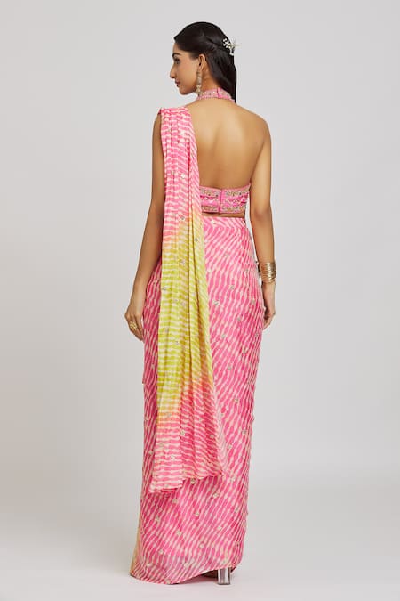 Jiya By Veer Design Studio Leheriya Print Pre-Draped Saree With Halter Neck Blouse 