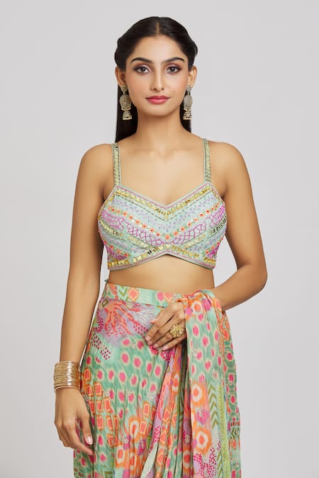 Shop_Jiya by Veer Design Studio_Green Silk, Crepe Sequins, Abstract Print Pre-draped Saree With Blouse _Online_at_Aza_Fashions