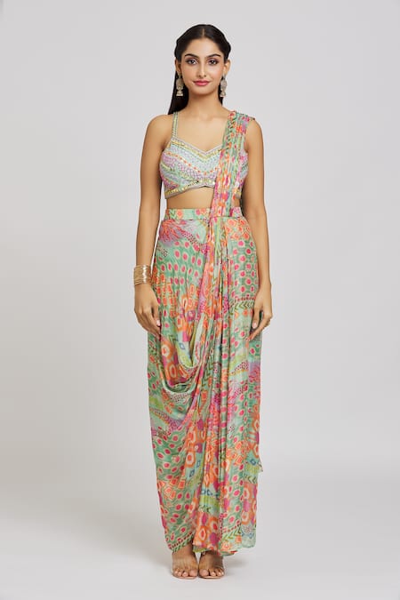 Jiya by Veer Design Studio_Green Silk, Crepe Sequins, Abstract Print Pre-draped Saree With Blouse _at_Aza_Fashions