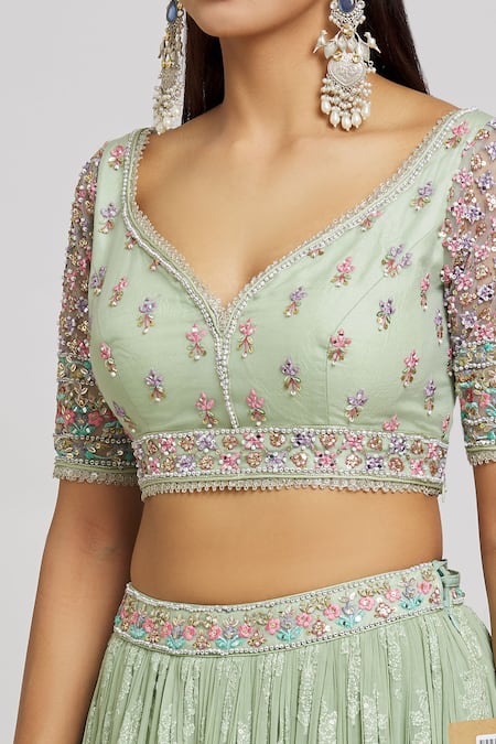 Jiya by Veer Design Studio_Green Organza, Net, Georgette Sequins, Wildflora Embroidered Lehenga Blouse Set _Online_at_Aza_Fashions
