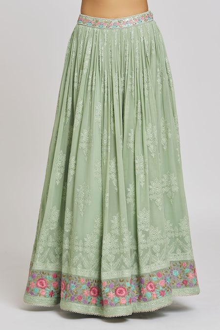 Shop_Jiya by Veer Design Studio_Green Organza, Net, Georgette Sequins, Wildflora Embroidered Lehenga Blouse Set _Online_at_Aza_Fashions