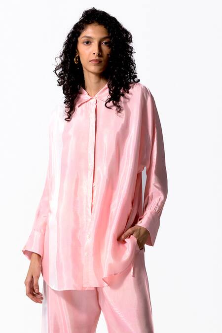 OFRIDA_Pink Cotton, Silk Collared Side Tape Shirt_Online_at_Aza_Fashions
