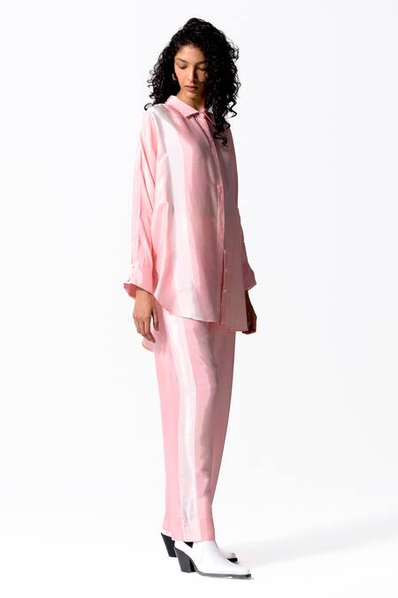 Buy_OFRIDA_Pink Cotton, Silk Collared Side Tape Shirt_Online_at_Aza_Fashions