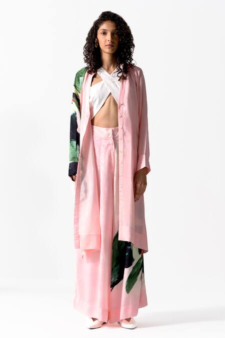 Shop OFRIDA Pink Cotton, Silk Mandarin Collar Bud Print Shirt Dress at Aza Fashions Shop_OFRIDA_Pink Cotton, Silk Mandarin Collar Bud Print Shirt Dress_at_Aza_Fashions