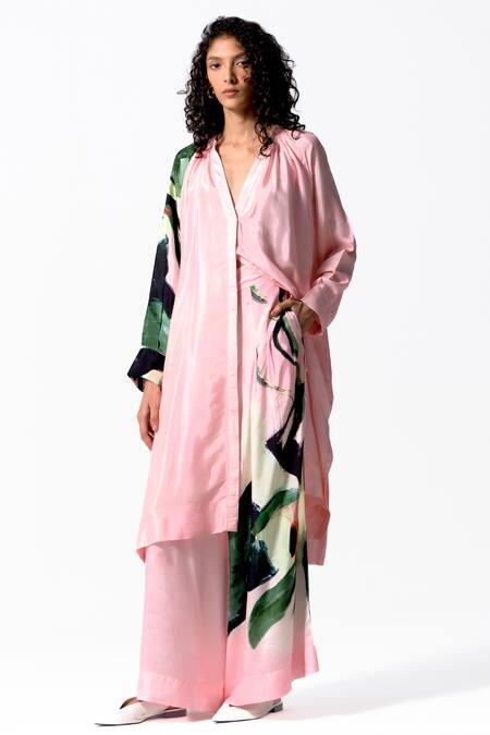Buy OFRIDA Pink Cotton, Silk Mandarin Collar Bud Print Shirt Dress Online at Aza Fashions Buy_OFRIDA_Pink Cotton, Silk Mandarin Collar Bud Print Shirt Dress_Online_at_Aza_Fashions