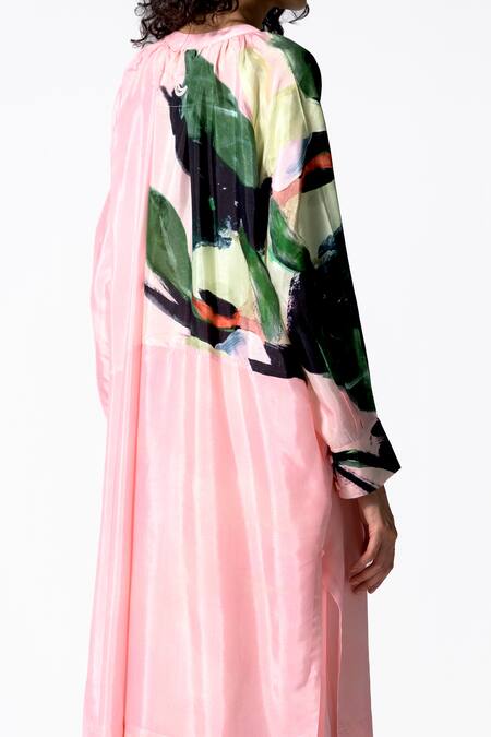 Shop OFRIDA Pink Cotton, Silk Mandarin Collar Bud Print Shirt Dress Online at Aza Fashions Shop_OFRIDA_Pink Cotton, Silk Mandarin Collar Bud Print Shirt Dress_Online_at_Aza_Fashions