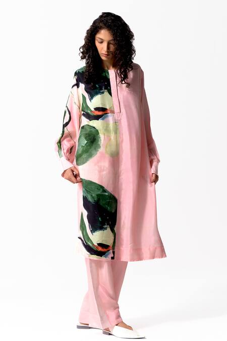OFRIDA_Pink Cotton, Silk Round Neck Budding Bloom Print Tunic_Online_at_Aza_Fashions