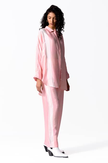 OFRIDA_Pink Cotton, Silk Side Tape Straight Pant_Online_at_Aza_Fashions