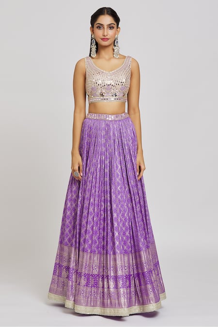 Buy_Jiya by Veer Design Studio_Cream Silk, Tissue, Jacquard Mirrors Round Bloom Embroidered Blouse Lehenga Set _Online_at_Aza_Fashions