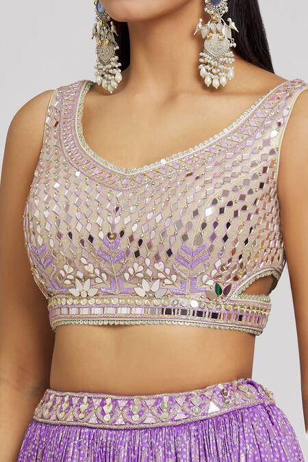 Shop_Jiya by Veer Design Studio_Cream Silk, Tissue, Jacquard Mirrors Round Bloom Embroidered Blouse Lehenga Set _Online_at_Aza_Fashions