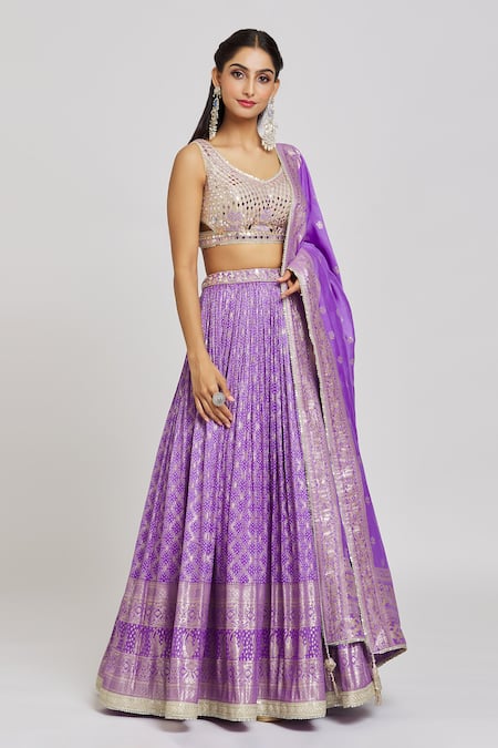 Jiya by Veer Design Studio_Cream Silk, Tissue, Jacquard Mirrors Round Bloom Embroidered Blouse Lehenga Set _at_Aza_Fashions