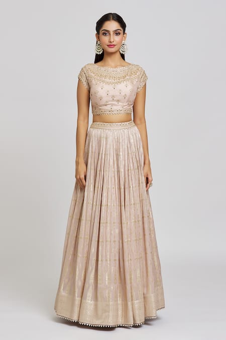 Jiya By Veer Design Studio_Pink Silk, Jacquard, Brocade Stones, Floral Bloom Woven Lehenga Blouse Set _Online_at_Aza_Fashions