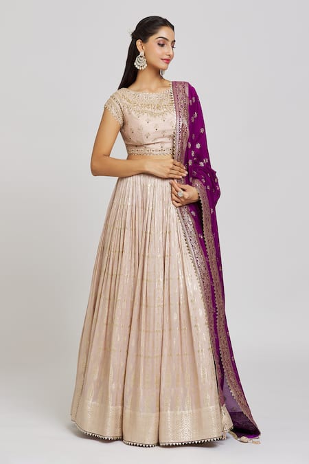 Shop_Jiya By Veer Design Studio_Pink Silk, Jacquard, Brocade Stones, Floral Bloom Woven Lehenga Blouse Set _Online_at_Aza_Fashions