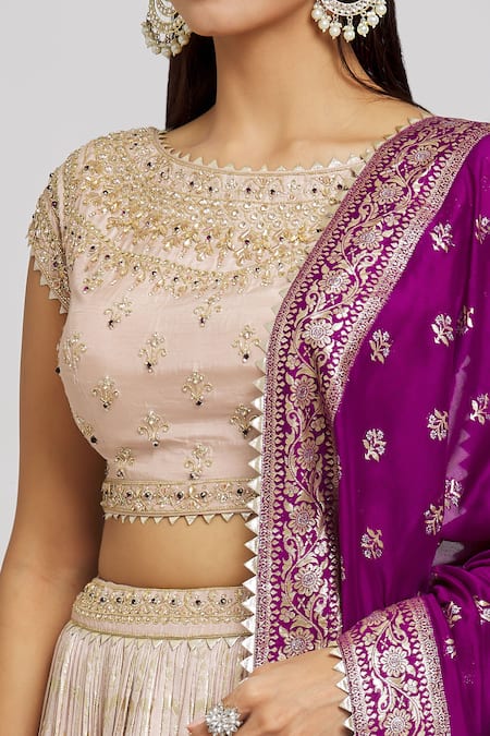Jiya By Veer Design Studio_Pink Silk, Jacquard, Brocade Stones, Floral Bloom Woven Lehenga Blouse Set _at_Aza_Fashions