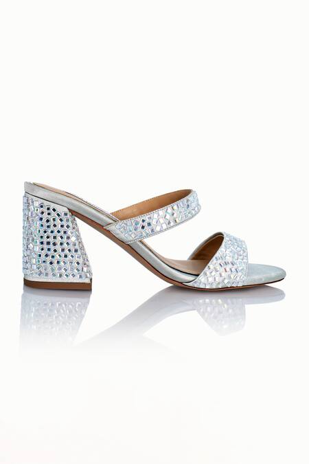 Riya Jaisinghani_Silver Crystals Charvi Geometric Work Block Heels_Online_at_Aza_Fashions