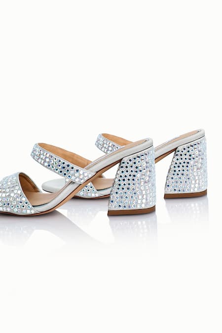 Shop_Riya Jaisinghani_Silver Crystals Charvi Geometric Work Block Heels_Online_at_Aza_Fashions