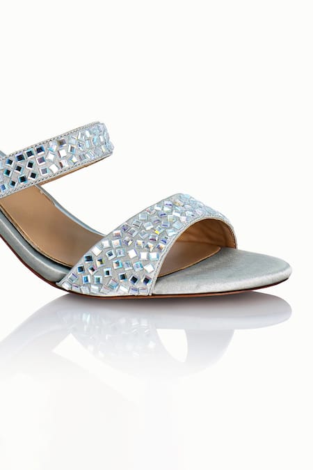 Riya Jaisinghani_Silver Crystals Charvi Geometric Work Block Heels_at_Aza_Fashions