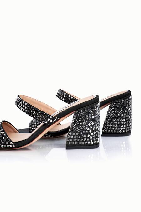 Shop_Riya Jaisinghani_Black Crystals Kavya Embellished Block Heels_Online_at_Aza_Fashions