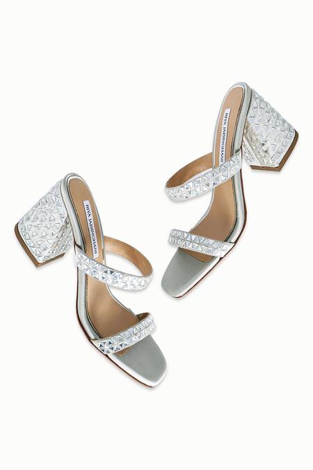 Shop_Riya Jaisinghani_Silver Crystals Kavya Embellished Satin Heels_at_Aza_Fashions