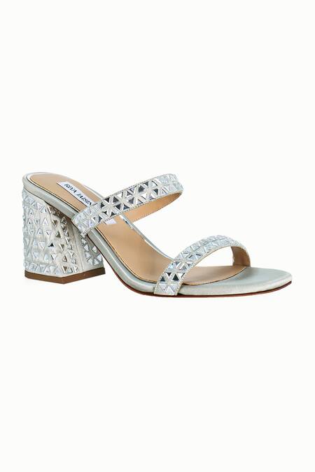 Buy_Riya Jaisinghani_Silver Crystals Kavya Embellished Satin Heels_Online_at_Aza_Fashions