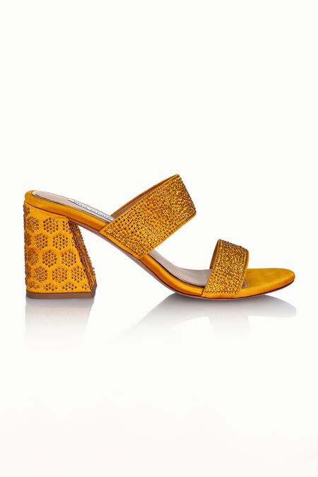 Riya Jaisinghani_Yellow Crystals Embellished Block Heels_Online_at_Aza_Fashions