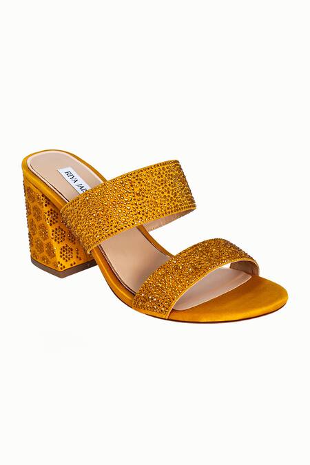 Buy_Riya Jaisinghani_Yellow Crystals Embellished Block Heels_Online_at_Aza_Fashions