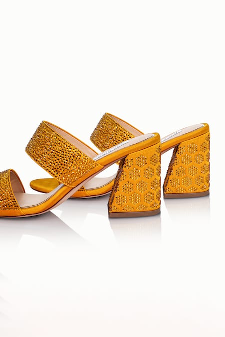 Shop_Riya Jaisinghani_Yellow Crystals Embellished Block Heels_Online_at_Aza_Fashions