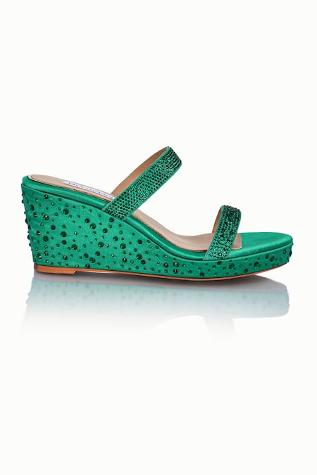 Riya Jaisinghani_Green Crystals Nayera Embellished Wedges_Online_at_Aza_Fashions