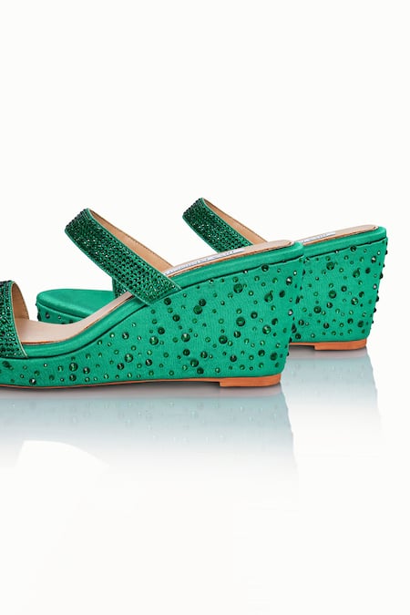 Shop_Riya Jaisinghani_Green Crystals Nayera Embellished Wedges_Online_at_Aza_Fashions