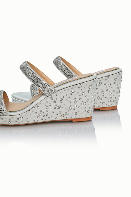 Riya Jaisinghani_Silver Crystals Nayera Embellished Satin Wedges_Online_at_Aza_Fashions