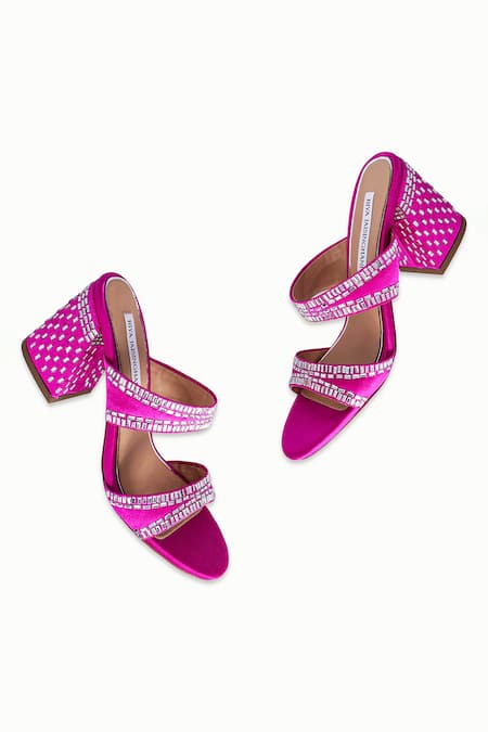 Shop Riya Jaisinghani Pink Crystals Neisha Embellished Satin Block Heels at Aza Fashions Shop_Riya Jaisinghani_Pink Crystals Neisha Embellished Satin Block Heels_at_Aza_Fashions