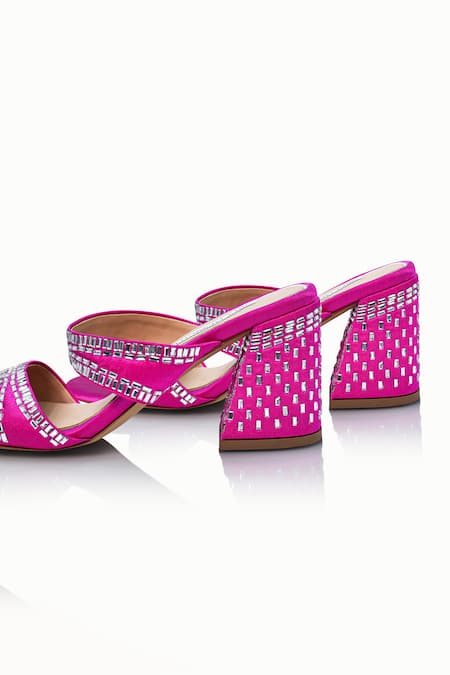 Shop Riya Jaisinghani Pink Crystals Neisha Embellished Satin Block Heels Online at Aza Fashions Shop_Riya Jaisinghani_Pink Crystals Neisha Embellished Satin Block Heels_Online_at_Aza_Fashions