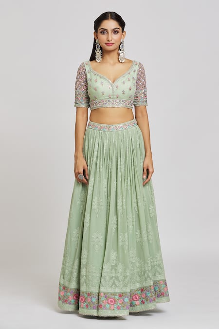 Buy_Jiya by Veer Design Studio_Green Organza, Net, Georgette Sequins, Wildflora Embroidered Lehenga Blouse Set _Online_at_Aza_Fashions