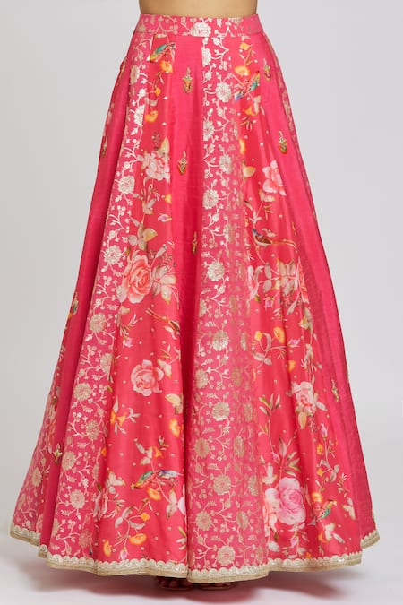 Jiya by Veer Design Studio_Pink Chanderi, Organza, Silk Petunia Bloom Print And Lehenga Blouse Set _Online_at_Aza_Fashions
