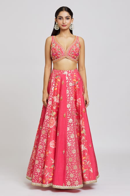 Buy_Jiya by Veer Design Studio_Pink Chanderi, Organza, Silk Petunia Bloom Print And Lehenga Blouse Set _Online_at_Aza_Fashions