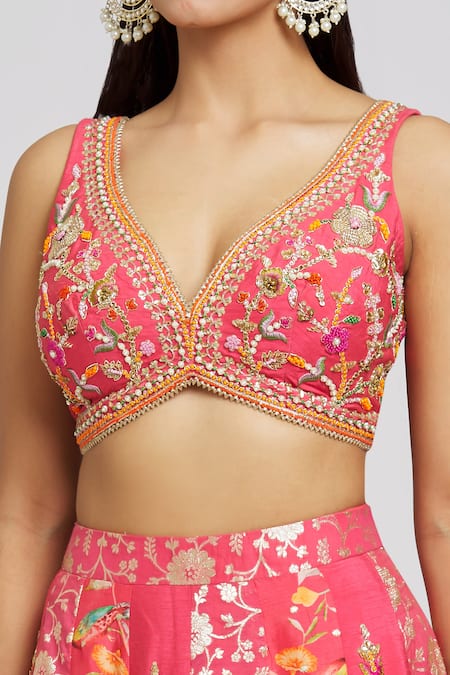 Shop_Jiya by Veer Design Studio_Pink Chanderi, Organza, Silk Petunia Bloom Print And Lehenga Blouse Set _Online_at_Aza_Fashions